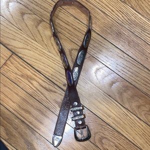 Size small brown leather belt with silver accents